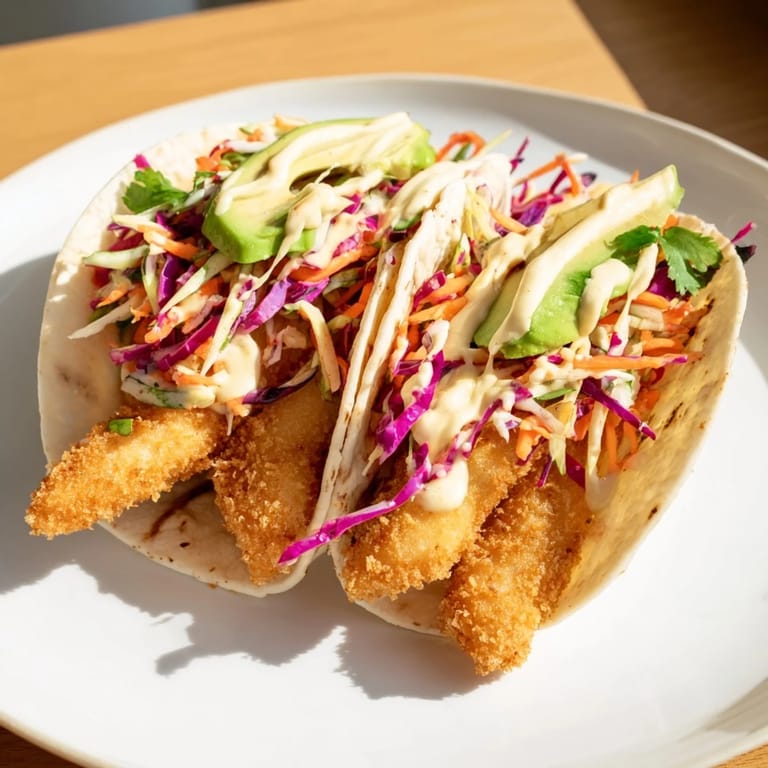 Close-up of freshly fried Crispy Fish Tacos with vibrant toppings, promising a satisfying and delicious bite.