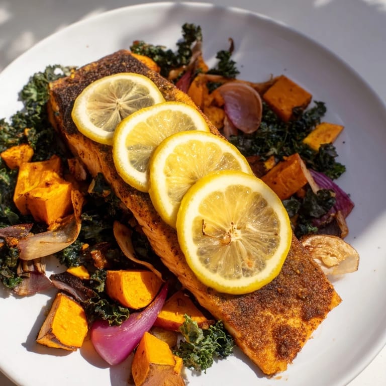 Close-up of baked sheet-pan salmon, crispy edges, tender veggies, and fresh greens.