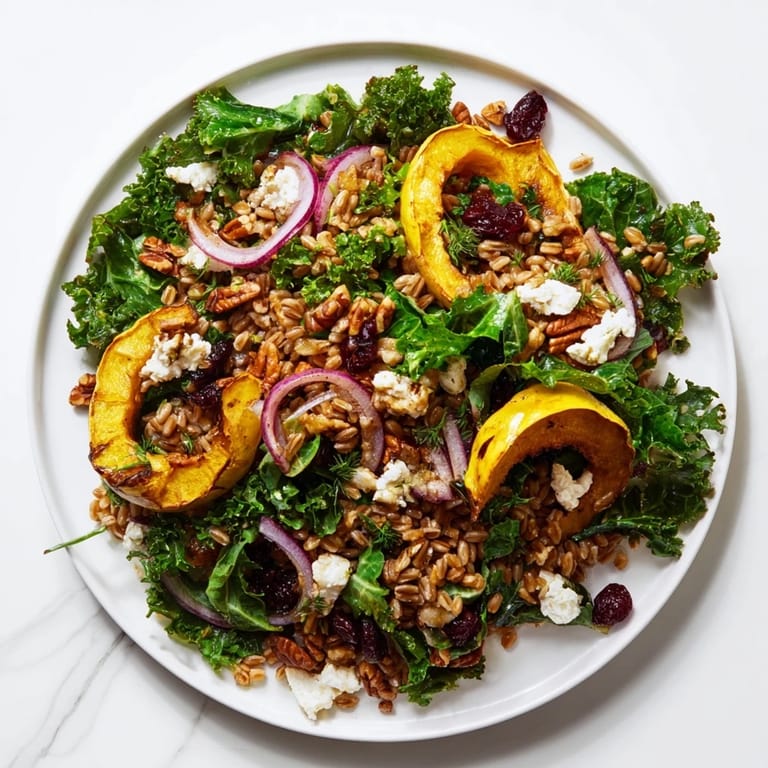 This hearty Farro & Mustard Green Salad has tender farro, sweet roasted squash, and a flavorful dressing.