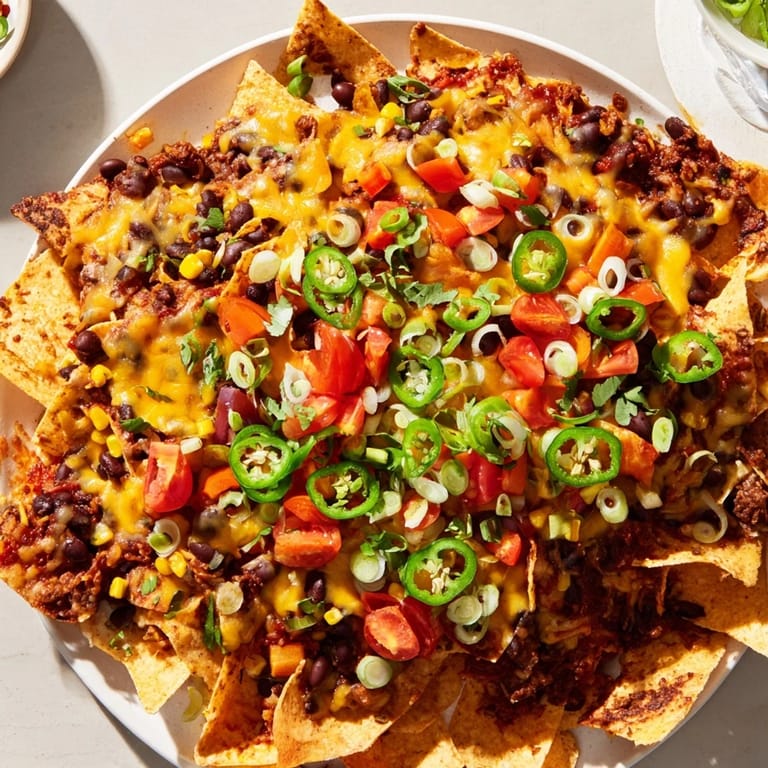 A close-up of delicious sheet-pan nachos, showcasing the vibrant toppings and crispy tortilla chips.