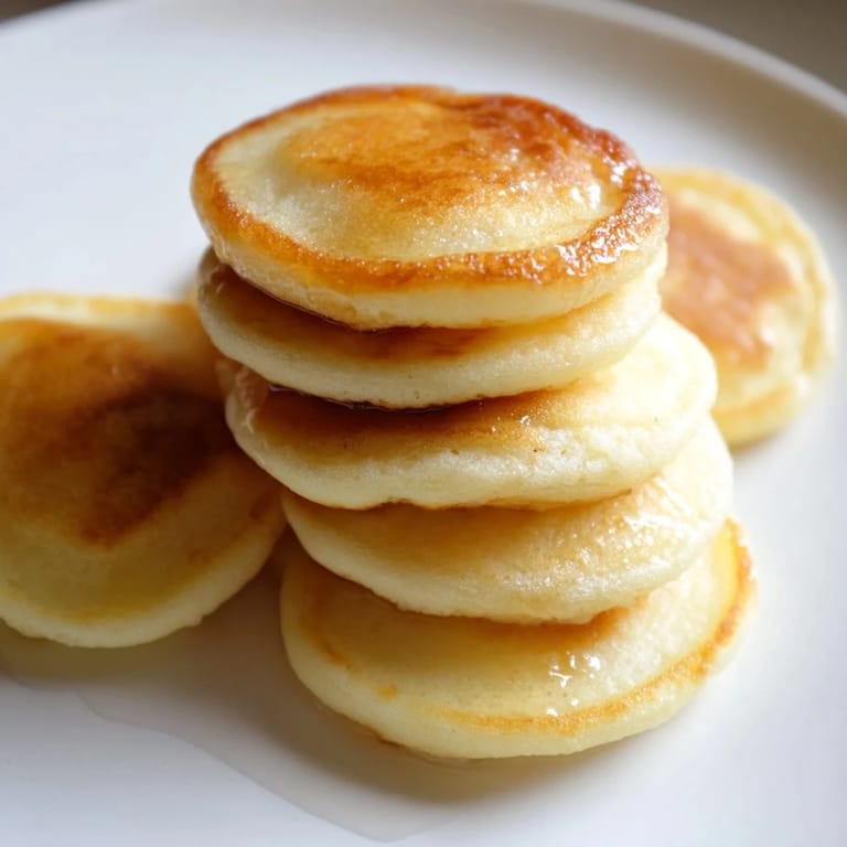 Tiny golden brown pancake cereal ready to be served, topped with fresh berries and syrup.