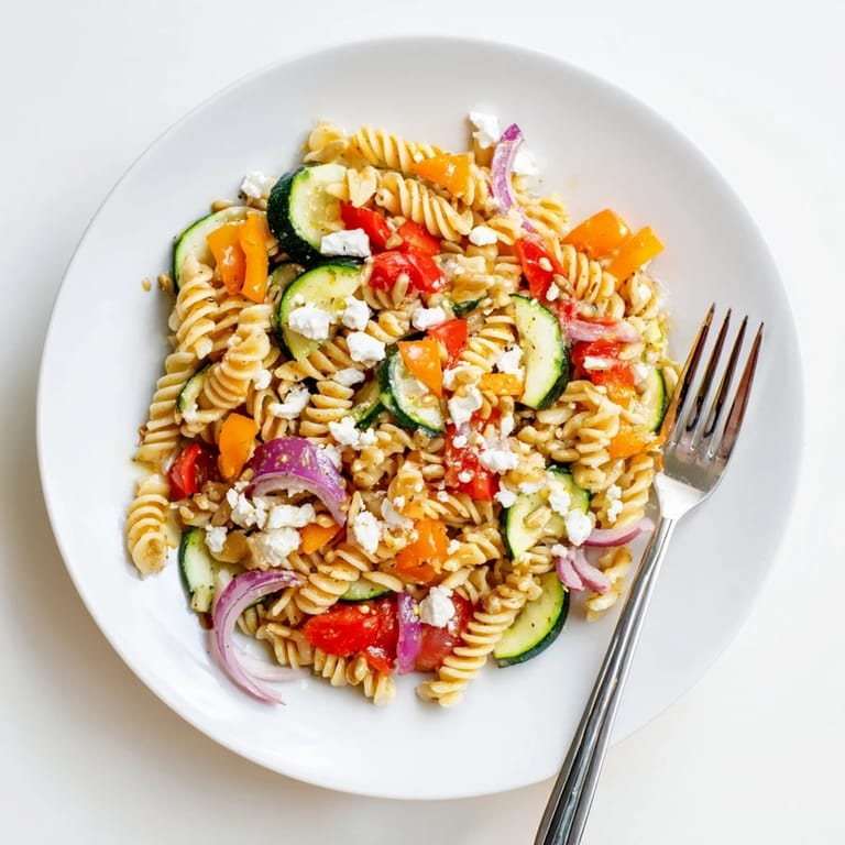 Fresh pasta salad with colorful veggies, drizzled with a simple dressing, ready to eat.