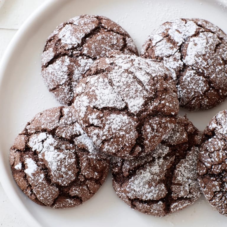 Warm, soft, and chocolatey: a batch of fresh-baked Chocolate Gingerbread Crinkle Cookies piled on a plate.