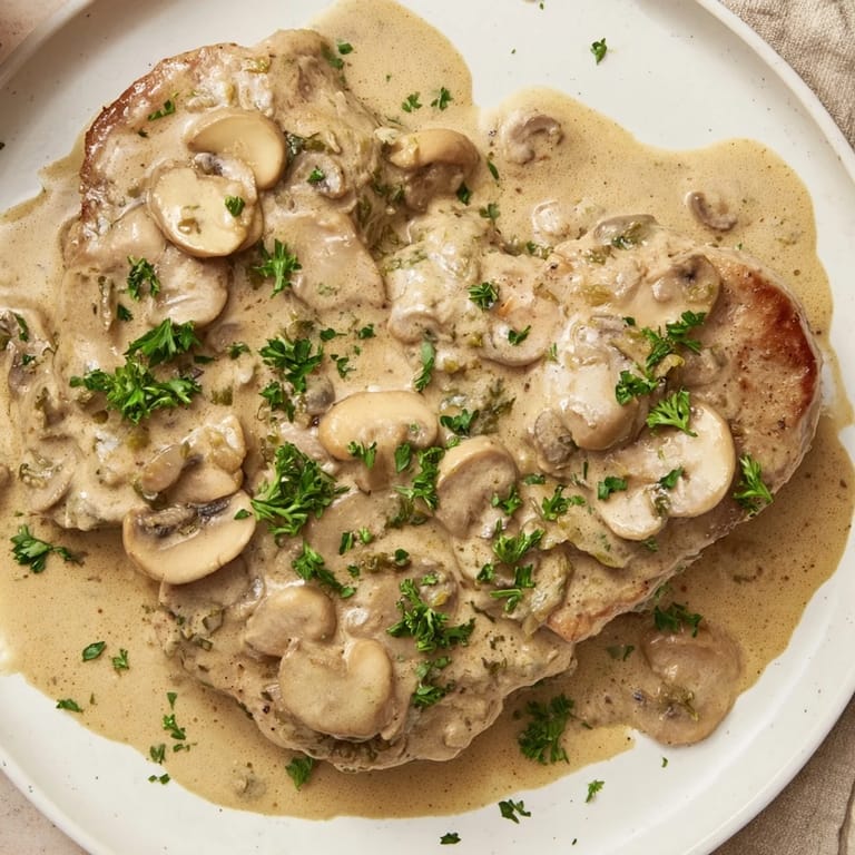 Close-up of tender Stove Top Pork Chops swimming in a creamy, mushroom-infused sauce.