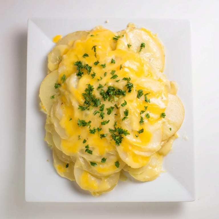 This creamy, cheesy Cheesy Scalloped Potatoes dish shows layers of tender potatoes in a rich sauce.