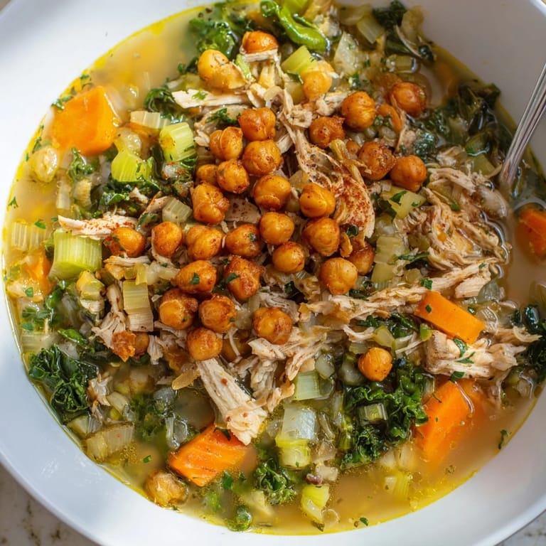Hearty Chicken Kale Soup, garnished with golden, crunchy chickpeas, a flavorful, satisfying soup.