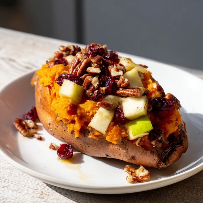 A close-up shot of the Cranberry Apple Twice-Baked Sweet Potatoes, topped with pecans and drizzled maple syrup.