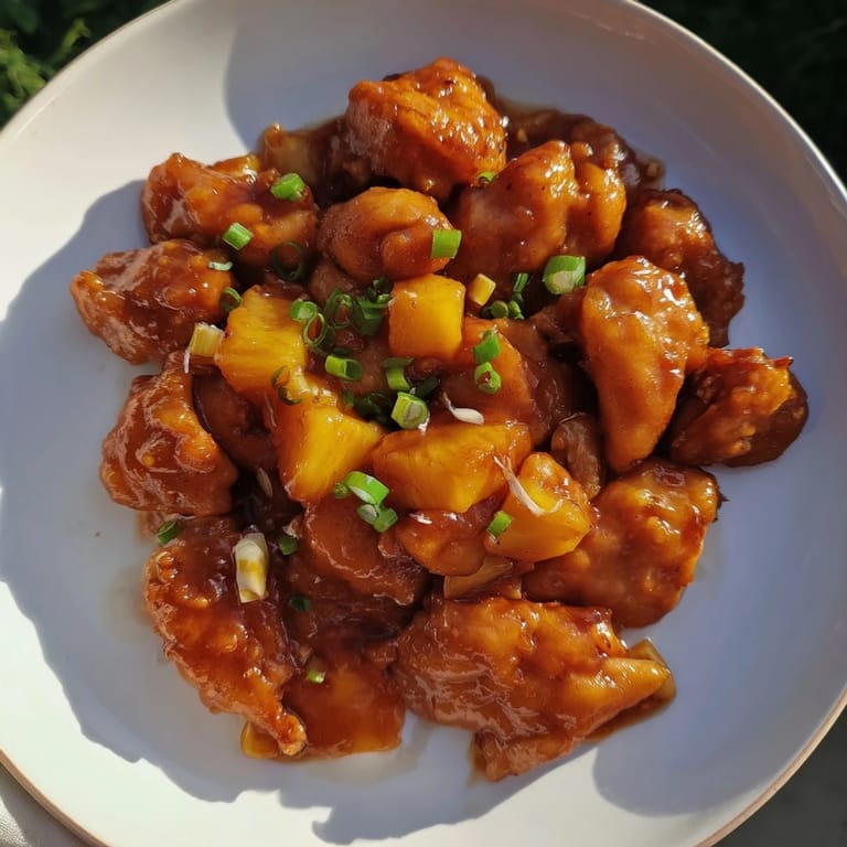 Golden-brown chicken chunks swimming in a sweet and tangy glaze of Brown Sugar Pineapple Chicken.