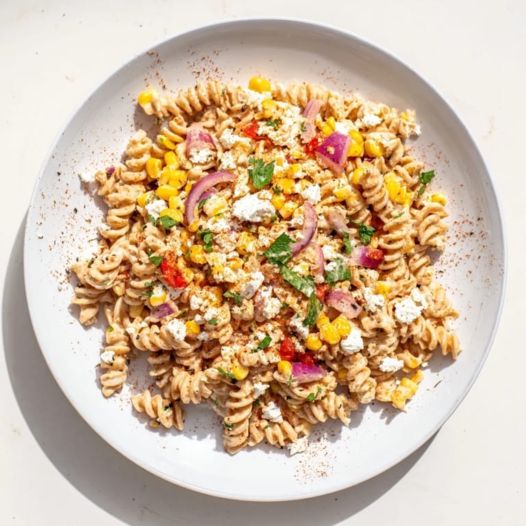 A bowl of Healthier Mexican Street Corn Pasta Salad showing vibrant colors and fresh herbs.