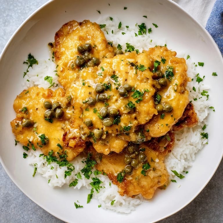 Close-up of a delightful Express Chicken Piccata Rice Bowl, garnished with fresh herbs and zesty lemon slices.