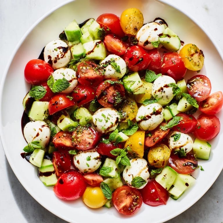 Bright and flavorful Simple Holiday Chopped Caprese Salad, tossed with olive oil and balsamic glaze on a plate.