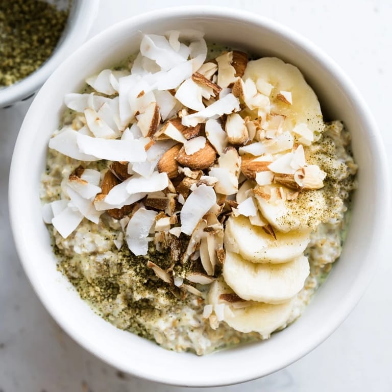 A close-up of High-Protein Eggnog Matcha Overnight Oats, highlighting the layered, thick, green breakfast.