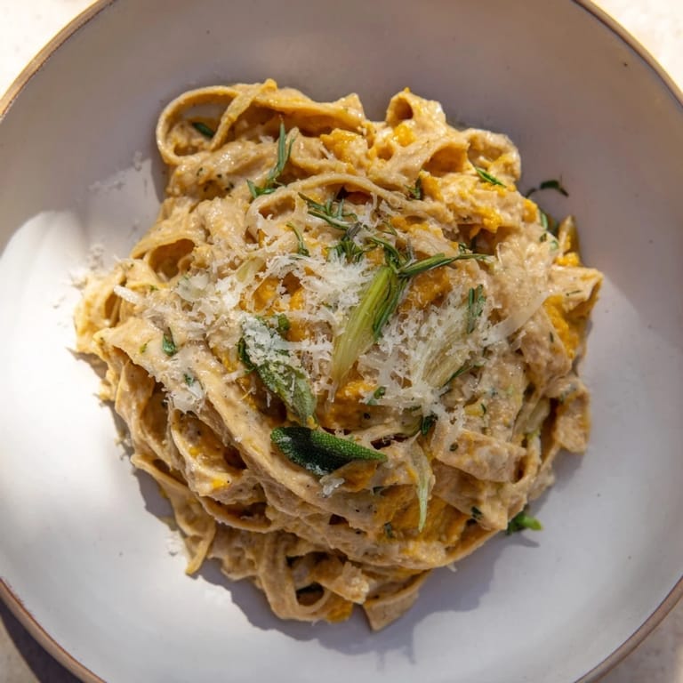 A bowl of savory Healthy Creamy Pumpkin Sage Pasta, rich with pumpkin and fresh herbs.