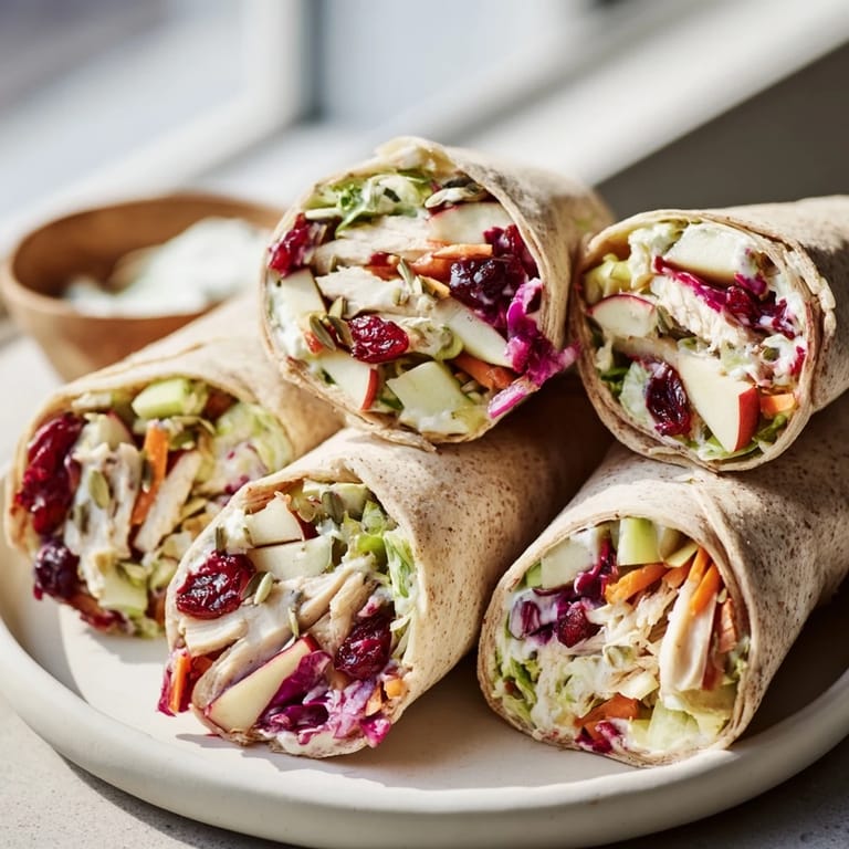 Close-up of a delicious cranberry apple slaw turkey wrap, ready to eat and full of fresh ingredients.