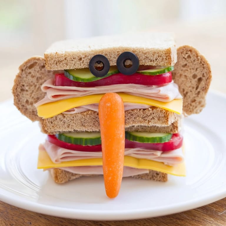 Festive big top elephant sandwiches are served with grapes, carrots, and popcorn for a delicious snack.