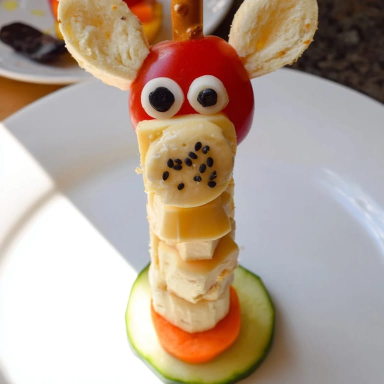 Kid-friendly and whimsical Long-Necked Giraffe Snack Towers showcase a playful arrangement of healthy snack ingredients.
