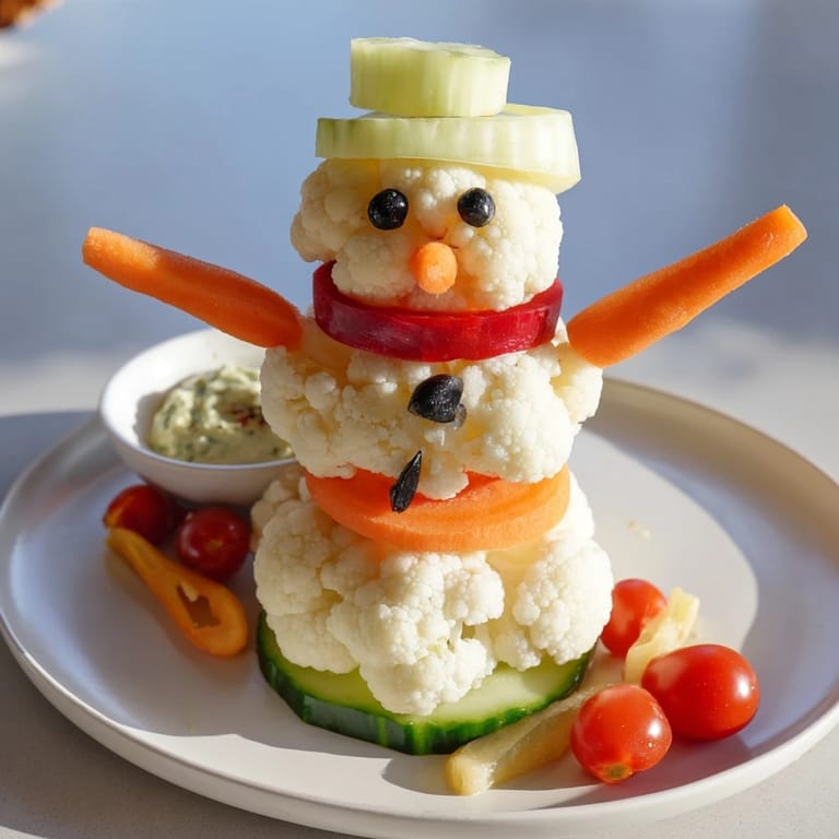 Healthy snowman crudités with dip, featuring crisp carrots and peppers on a serving platter.
