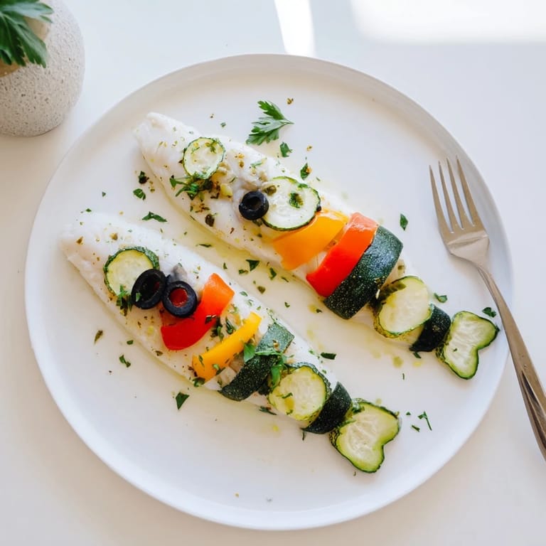 Tender baked Light Fish-Shaped Meal, the fillet perfectly cooked, garnished with vibrant vegetables and fresh parsley.