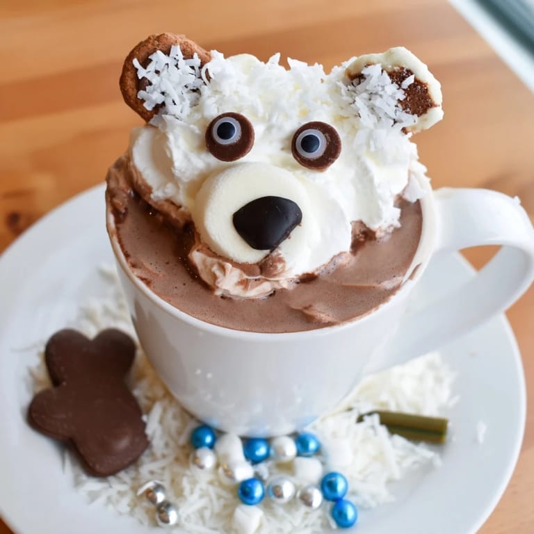 A snowy scene of Polar Bear Hot Chocolate, showcasing marshmallow polar bear faces near cookies and candy.
