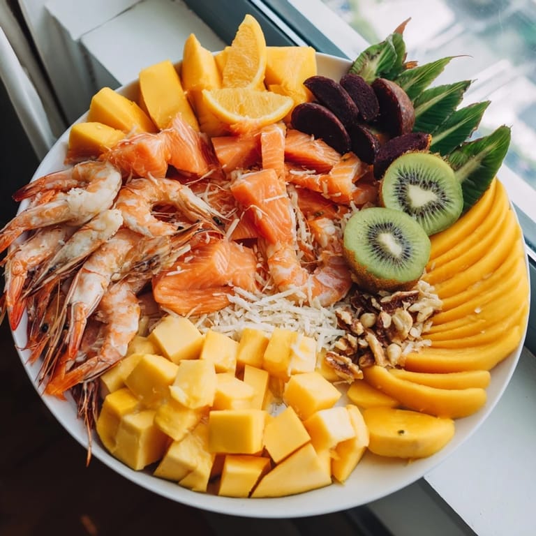 This Tropical Wave Tasting Platter showcases vibrant fruits, seafood, and sauces presented beautifully on a platter.