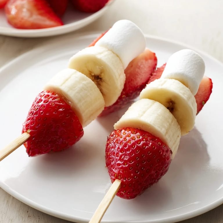 Easy-to-make strawberry banana Santa sticks with marshmallows, a healthy and fun Christmas treat.