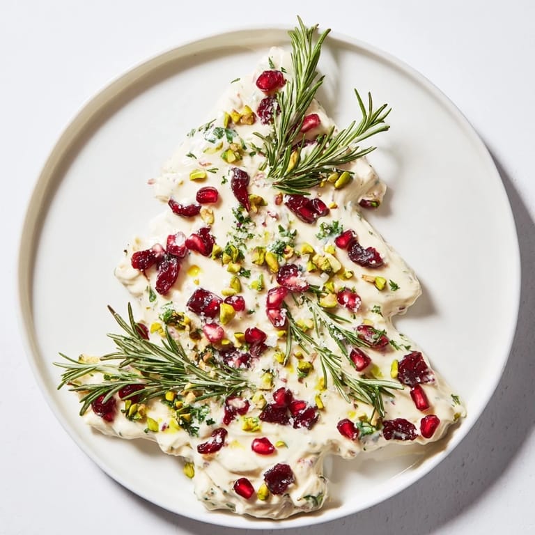 Festive Rosemary Cranberry Christmas Tree appetizer, a delicious cheese spread decorated with herbs and pomegranate.