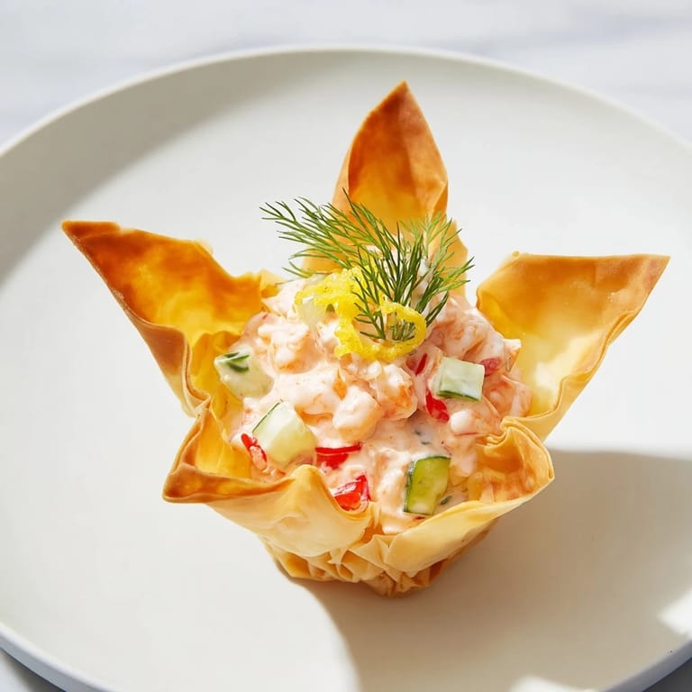 Elegant Mini Star Cocktail Cups: flaky phyllo shells hold a creamy shrimp and veggie mixture.