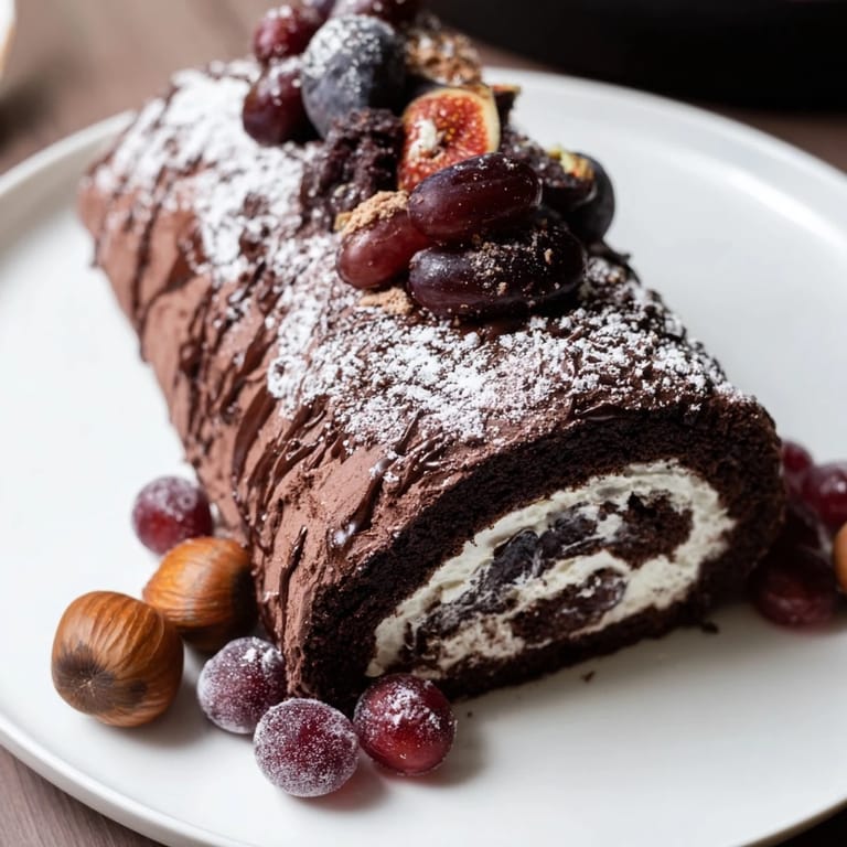 Picture a Winter Warmer board: rich chocolate roulade, gingerbread cookies, and warm chestnuts.