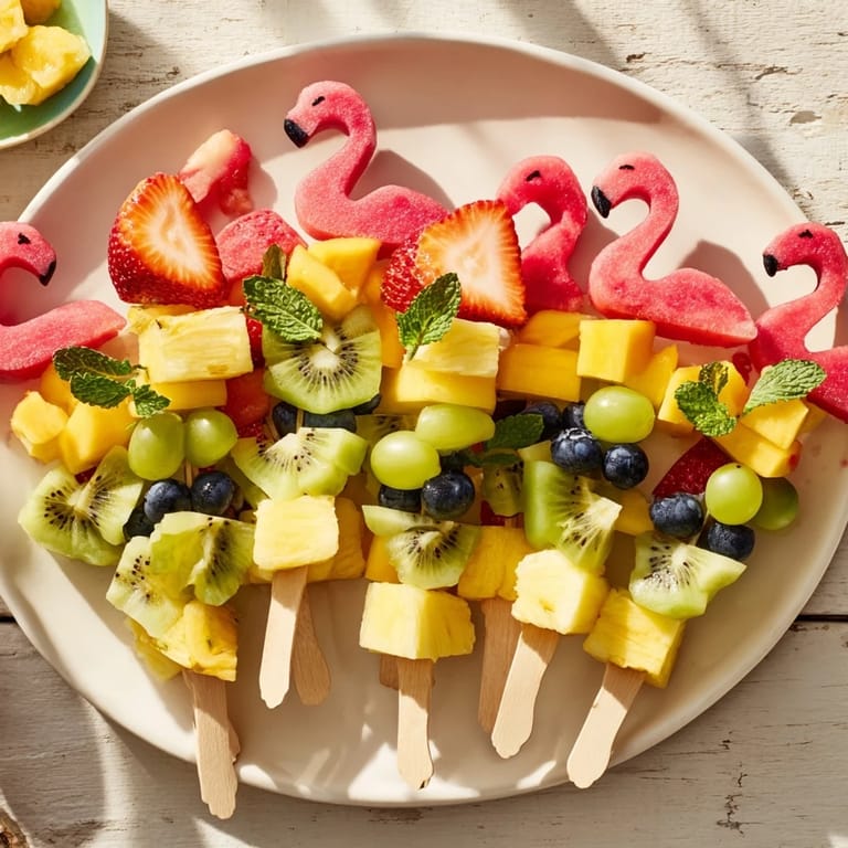 Delicious and healthy Flamingo Fruit Skewer Platter, ready to serve with fresh mint and lime wedges.