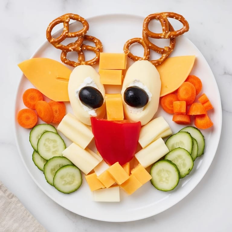 Homemade, vibrant Cheesy Reindeer Face Platter; a fun, vegetarian snack with crackers and cheerful faces.