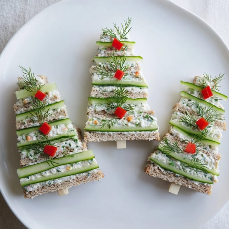 Fresh cucumber and creamy herbed cream cheese fill these unique tree-shaped Cucumber and cream cheese tree stacks, ready to serve!
