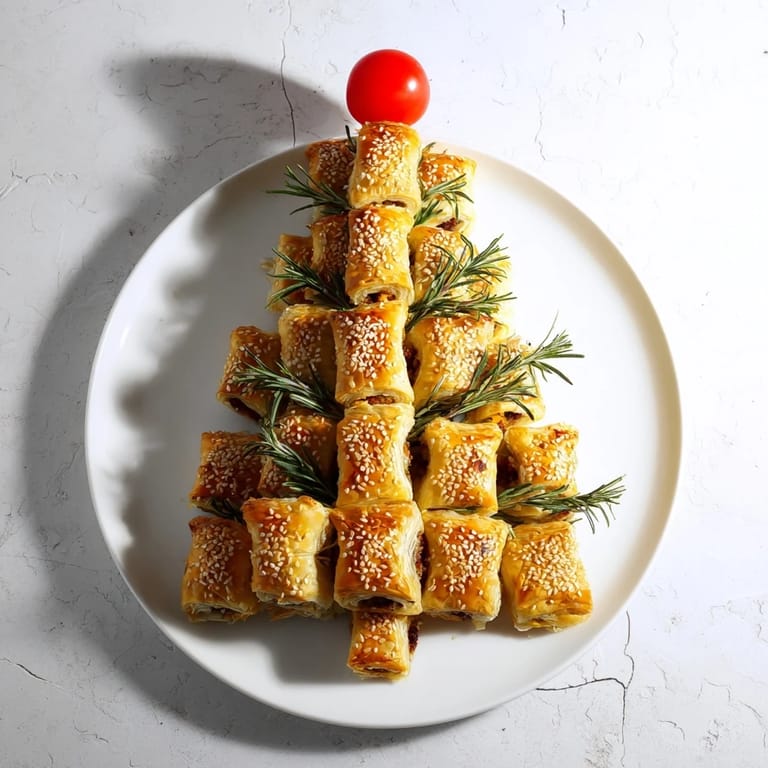 Festive close-up of delicious mini sausage rolls, forming a beautiful Christmas tree shape.