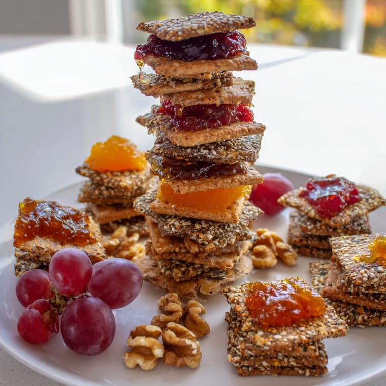 Close-up of assorted gourmet crackers, beautifully matched with fruits and rich red onion marmalade.