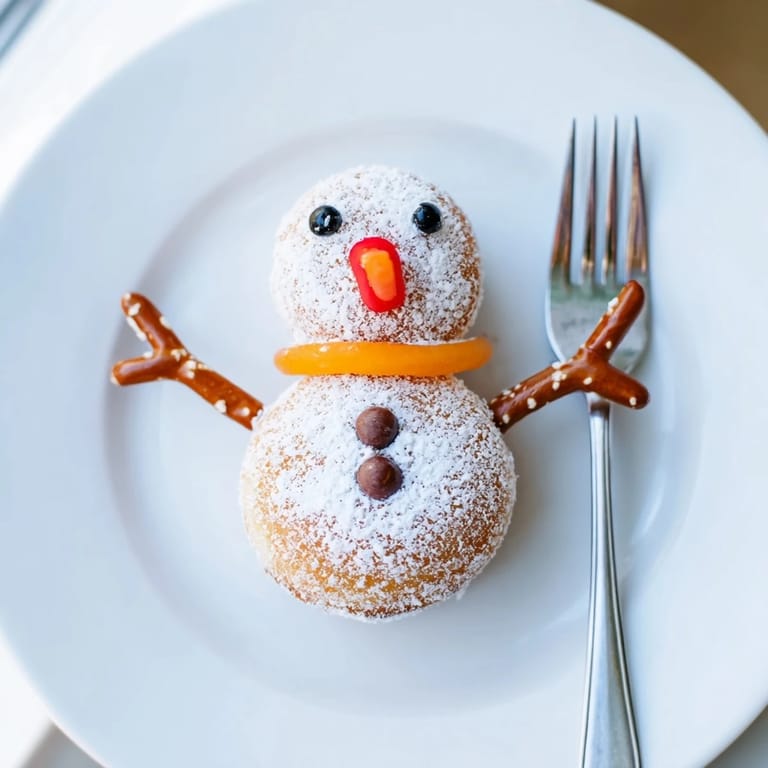 Homemade mini donut snowmen, adorable and delicious, perfect for a cheerful holiday dessert.