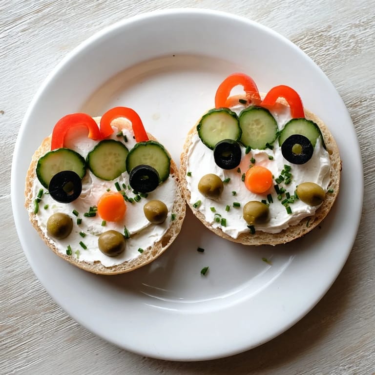 Bright and cheerful, these snowman mini bagel sandwiches feature cream cheese and veggie decorations.