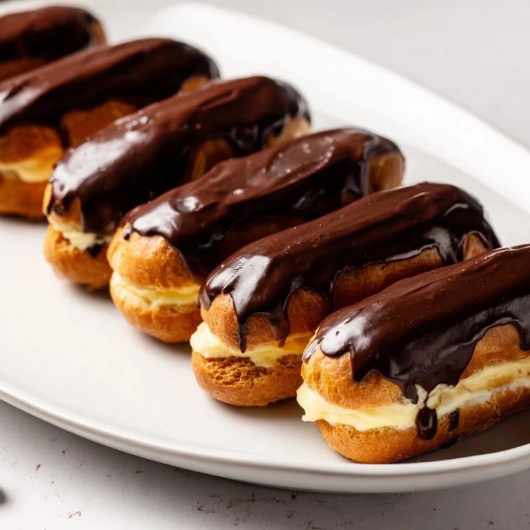 Bite-sized chocolate éclairs, featuring a glossy glaze and creamy filling, would be sweet treats.