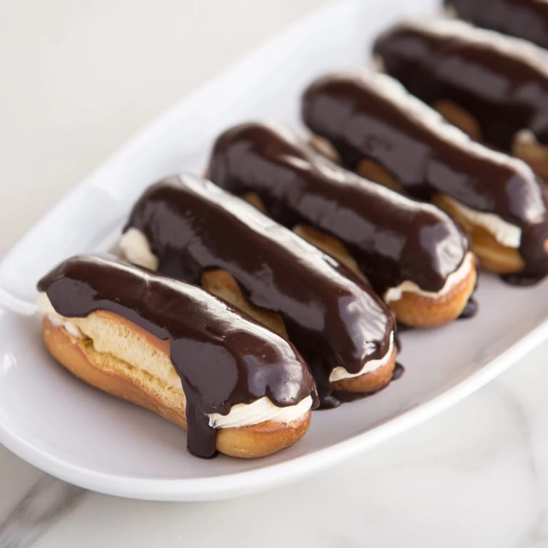 Perfect mini chocolate éclairs, freshly glazed and delicious, ready to indulge your senses.