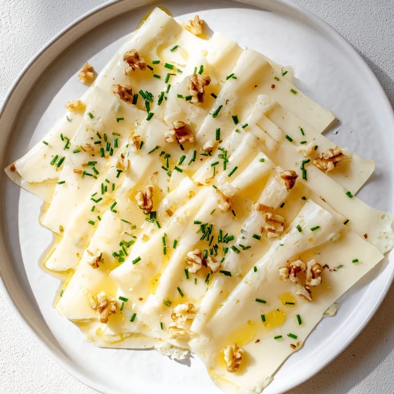 Freshly layered Swiss cheese fan garnished with chives, inviting you to enjoy this easy snack.