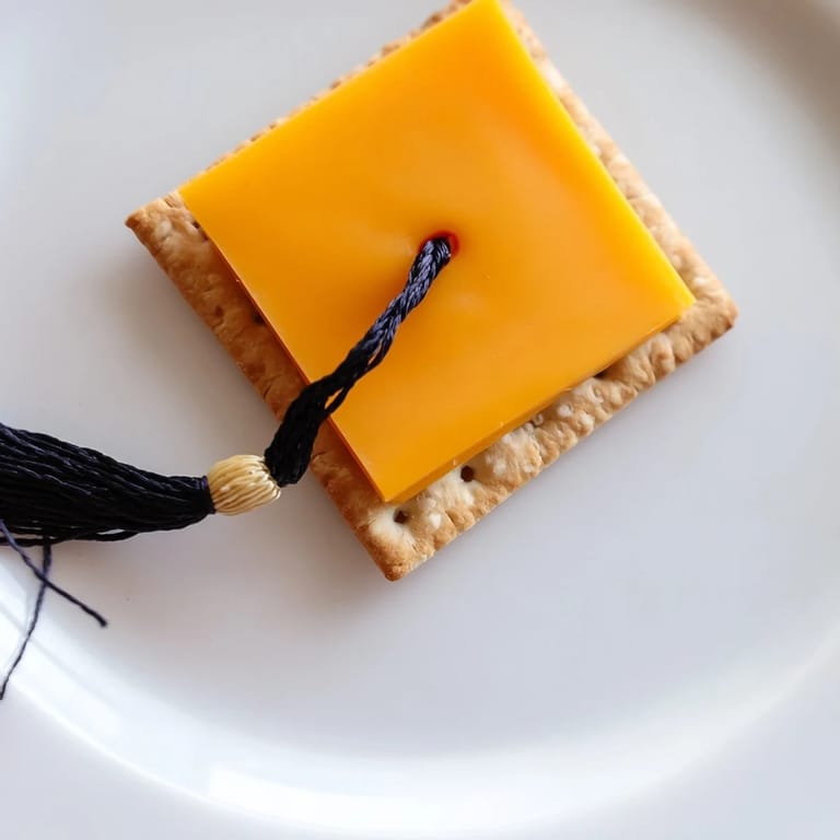 Easy to make! The Graduation Cap Snack appetizer featuring tasty cheese and a fun licorice tassel detail.