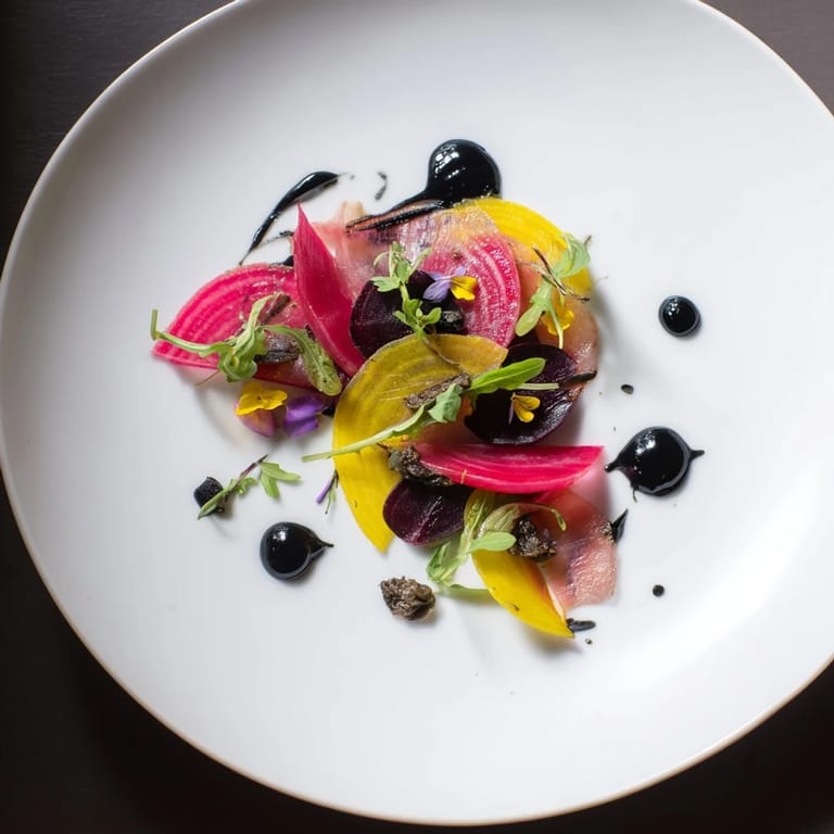 Prepare to serve The Shadow Play. Colorful arranged beets, olives and edible flowers offering a feast for the eyes and tastebuds.