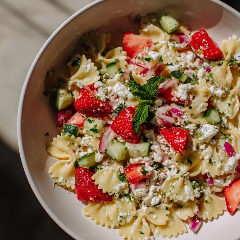 A close-up view of the refreshing Strawberry Feta Pasta, perfect for a light lunch.
