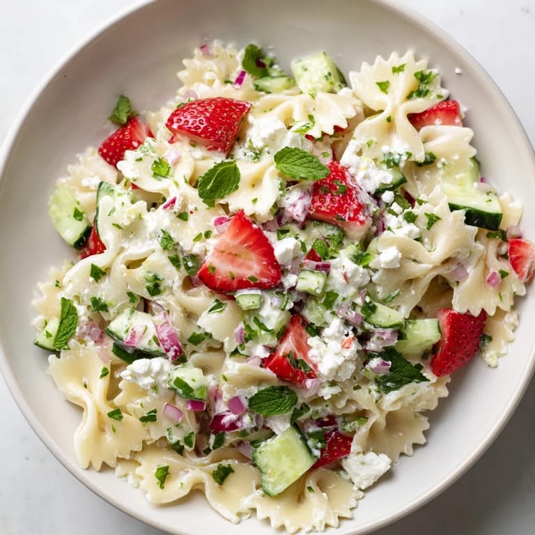 Savory and sweet, this chilled Strawberry Feta Pasta combines pasta with fresh summer flavors.