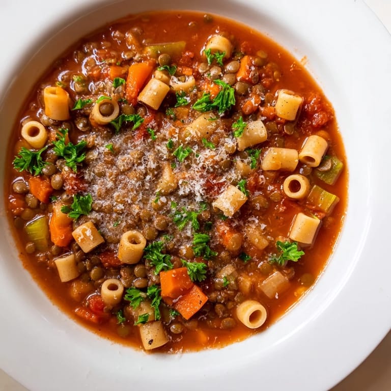 The rich tomato broth of Ditalini and Lentil Soup simmering, ready to serve with a side of crusty bread.