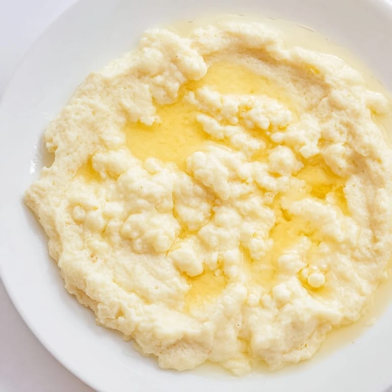 One-bowl preparation of the easy fluffy scrambled pancakes, with a creamy, lightly browned texture for serving.