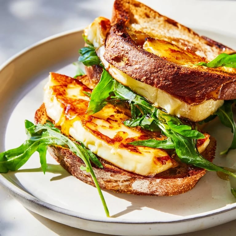 A close-up of a delicious, freshly made halloumi grilled cheese sandwich, ready to bite in.