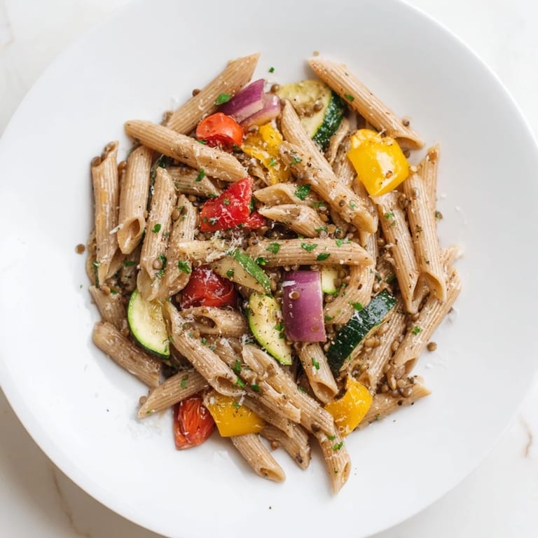 A steaming bowl of hearty Lentil Pasta with Vegetables, garnished with fresh herbs, is ready to eat.