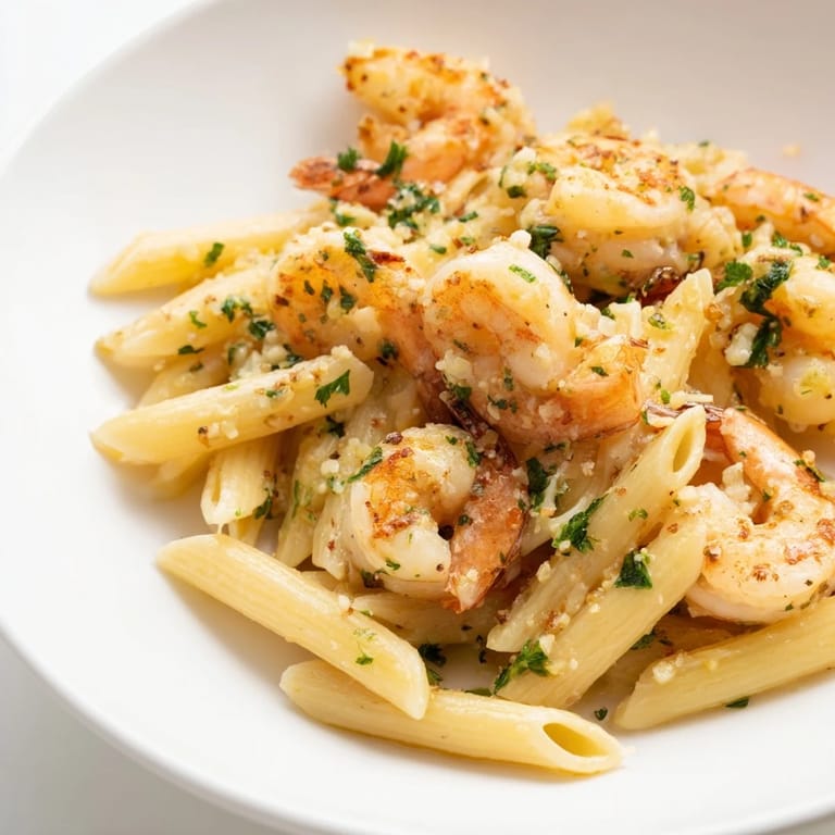Delicious Garlic Shrimp Penne, perfectly cooked shrimp and pasta in a savory garlic butter sauce.