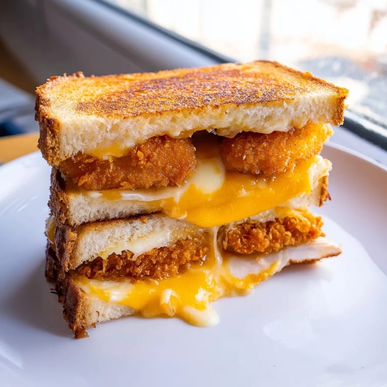 Warm, cheesy Chicken Nugget Grilled Cheese, perfect for dipping into ketchup, a simple, delicious meal.