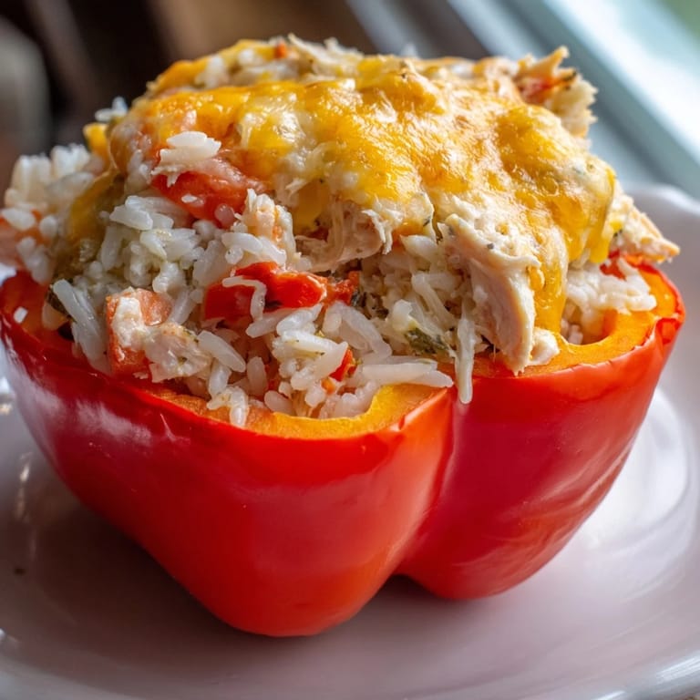 Close-up of baked Cheesy Chicken Stuffed Peppers, showcasing savory chicken and rice filling.
