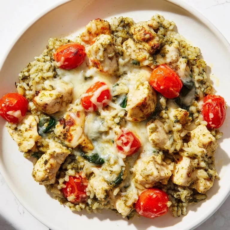 A close-up of cheesy Chicken Pesto Rice Bake showing vibrant tomatoes and tender chicken pieces.
